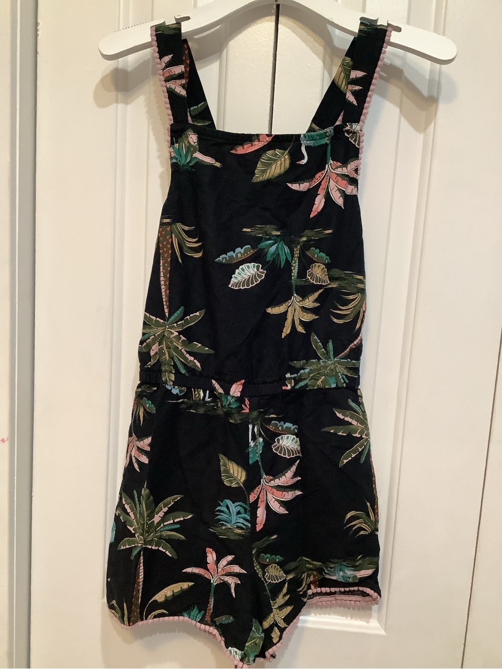 Old Navy Black Tropical Print Girls Romper with Green and Pink Leaves